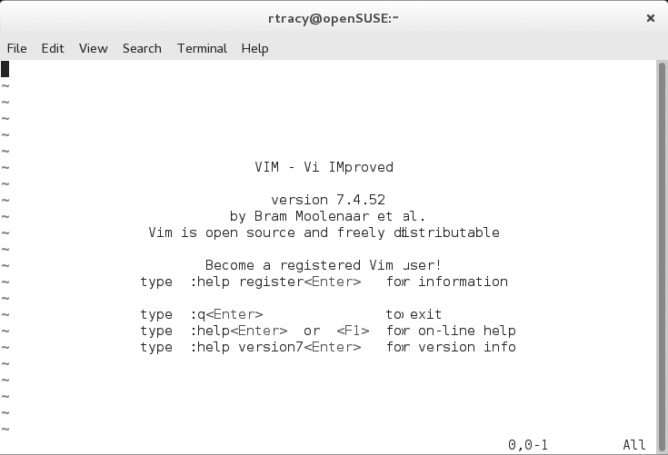 Рис. 3-2. Приветственный экран vim, отображаемый после запуска vi на системе Fedora.